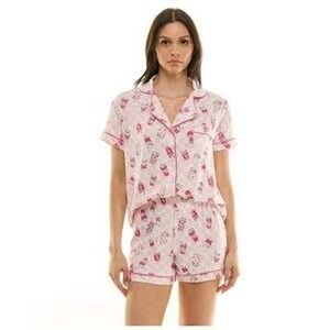 Derek Heart Womens Pink Checkered Coffee Cup Pajama Set Size L NWT